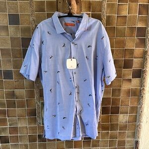 NWT Tori Richard Men's XL Blue Casual Shirt w/fun shark & diver motifs 25"across